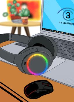 headphones and mouse infront of laptop with c3 solutions logo on it in a room cartoonized